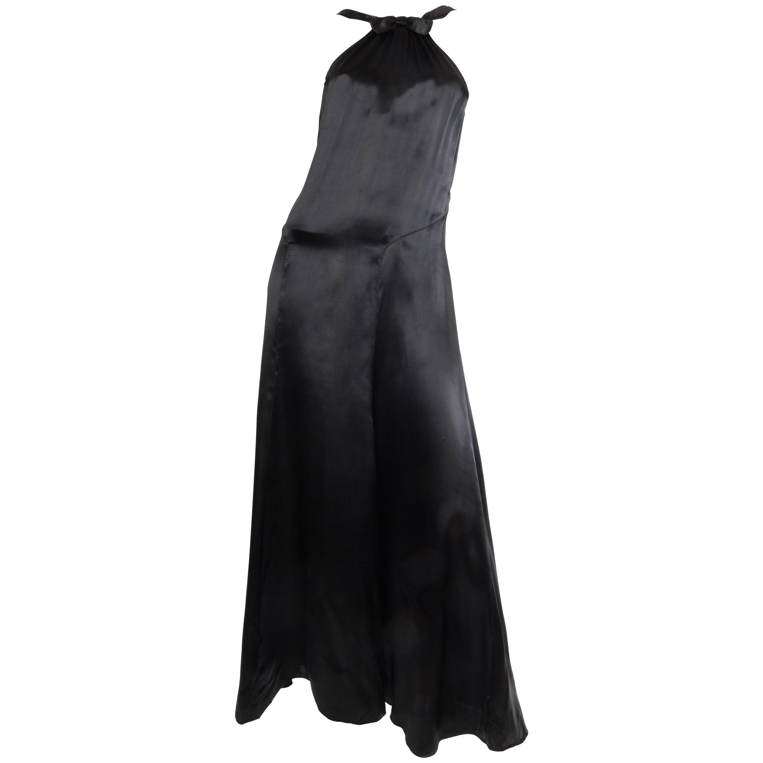 1930S Black Silk Satin Halter Bow Neck Gown For Sale
