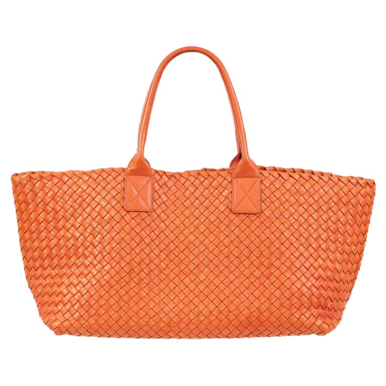 BOTTEGA VENETA orange woven leather SMALL CABAS Tote Shopper Bag