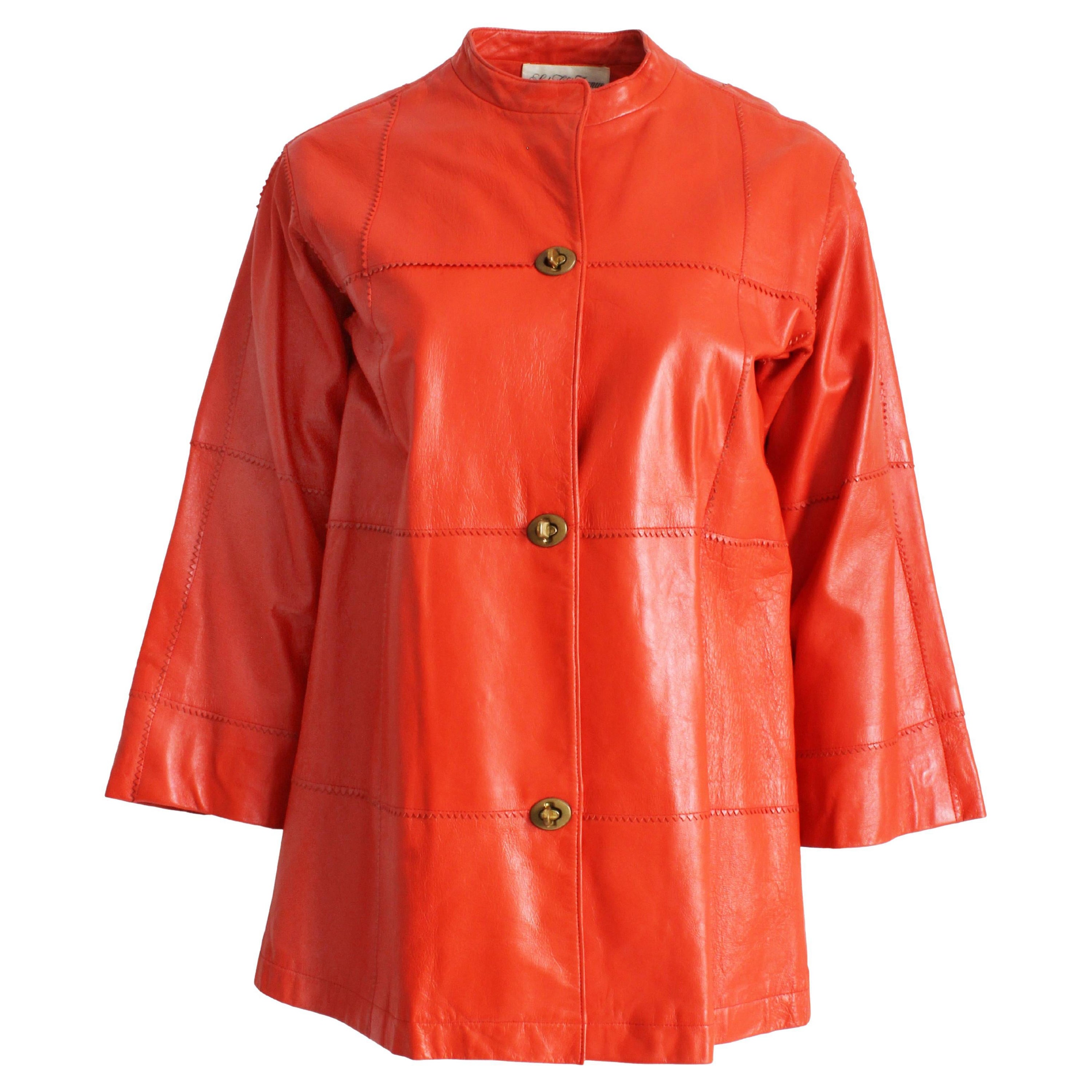 Bonnie Cashin for Sills Leather Jacket Kimono Sleeves Orange Zig Zag Edges Rare  For Sale