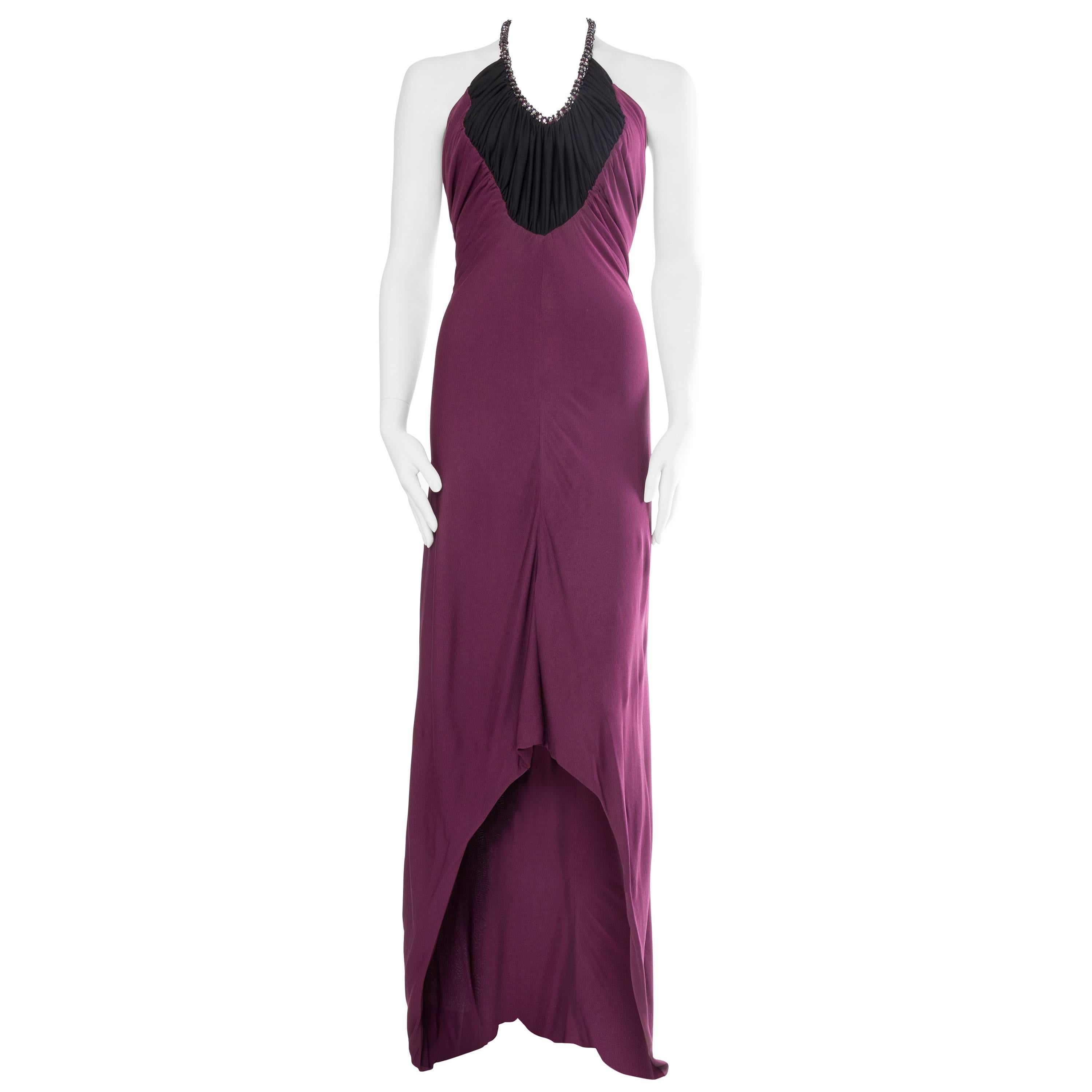 1970S LORIS AZZARO Black & Purple Viscose Jersey Slinky Disco Trained Gown For Sale