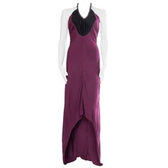 1970S LORIS AZZARO Black & Purple Viscose Jersey Slinky Disco Trained Gown