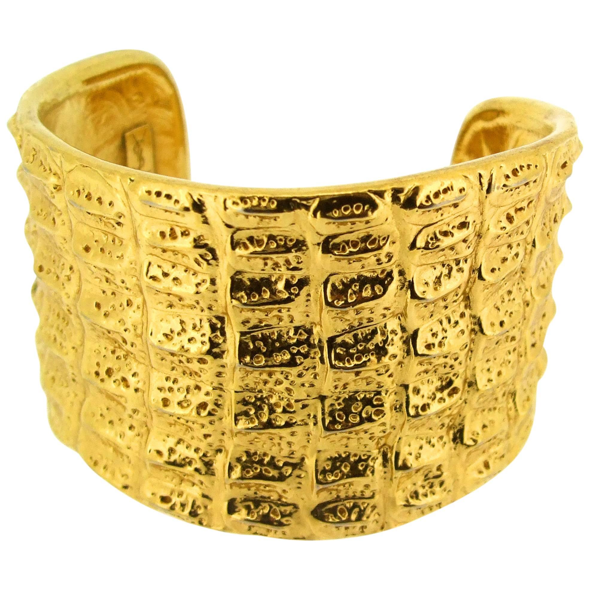 Gold Crocodile Skin Effect Yves Saint Laurent Cuff Bracelet YSL For Sale