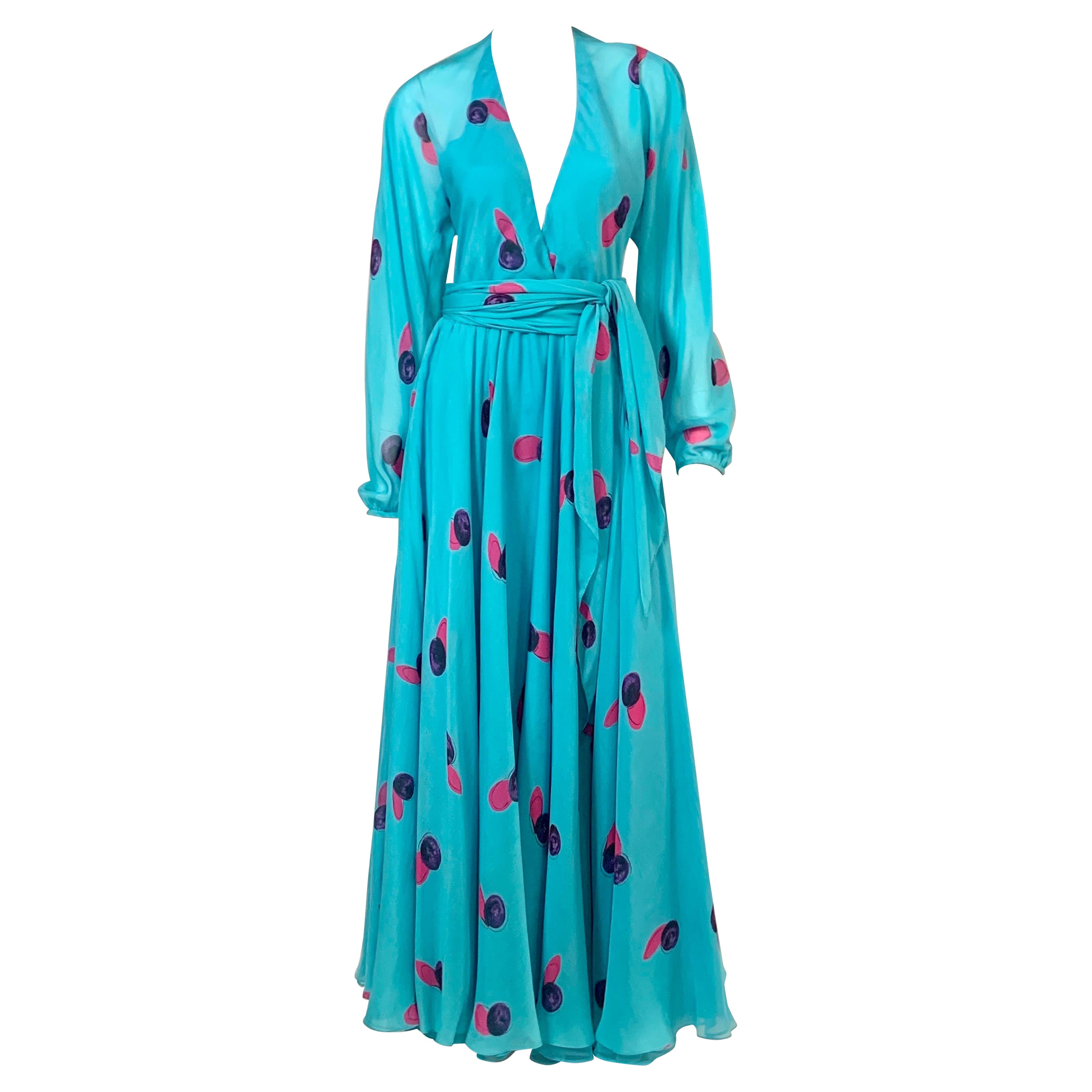 Halston Turquoise Blue Silk Chiffon Dress with Low Neckline 