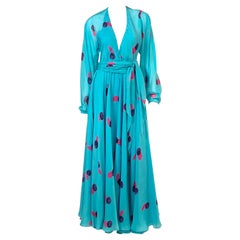 Halston Turquoise Blue Silk Chiffon Dress with Low Neckline and Full Skirt