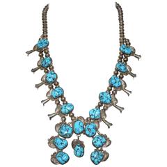 1950s Bisbee Mine Turquoise Squash Blossom Necklace Navajo Sterling