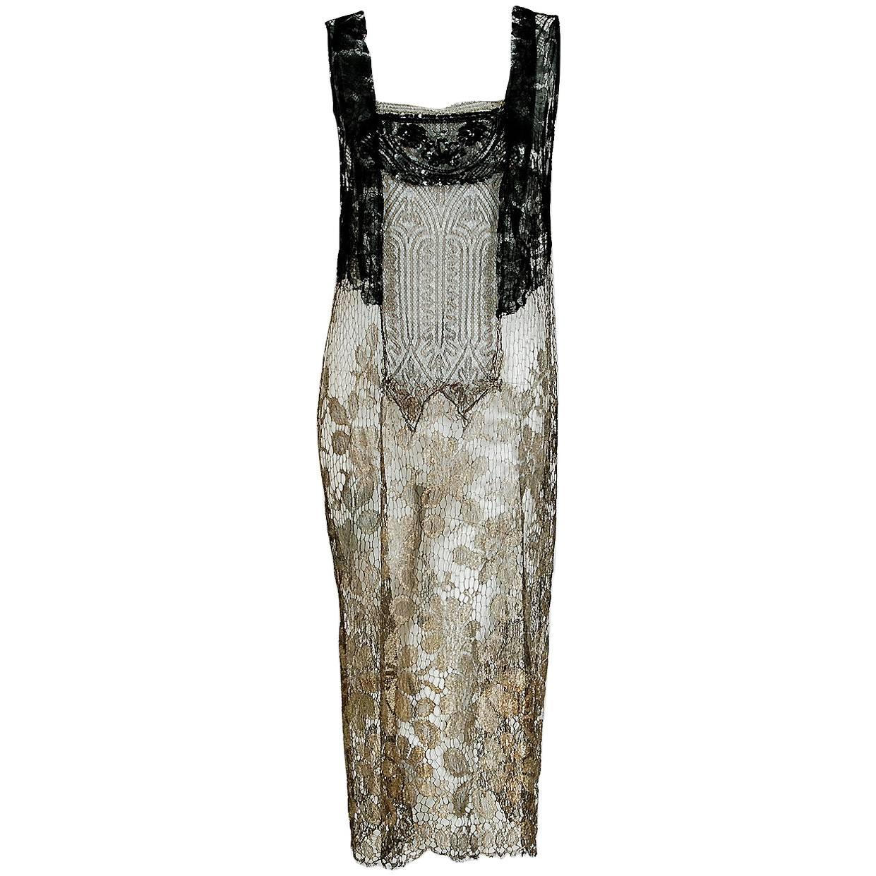 1920's French Metallic-Gold & Black Beaded Sequin Lame Lace Deco Flapper Dress