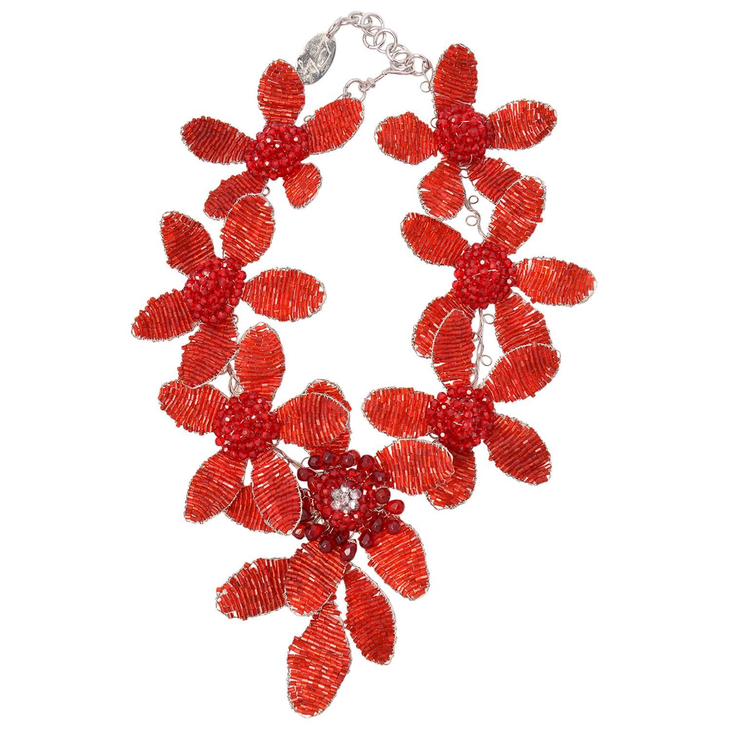 Vilaiwan Red Beaded Brooch Wire Necklace 