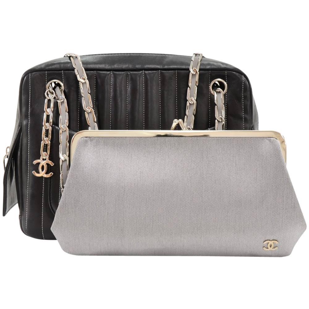 Chanel Mademoiselle Black x Gray Vertical Quilted Leather Shoulder Bag + Wallet