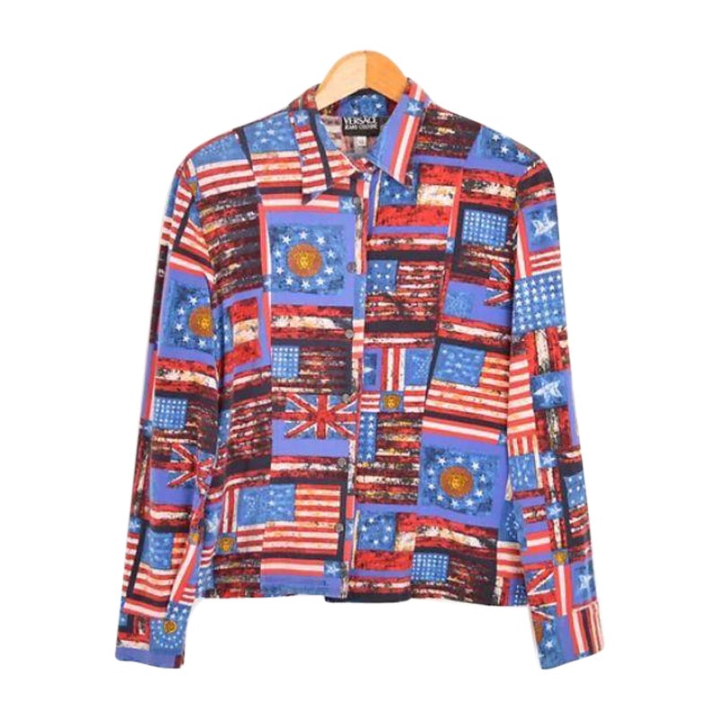 1990's Versace Jean Couture Loud Red & Blue 'Flag Print' Medusa Pattern Shirt For Sale