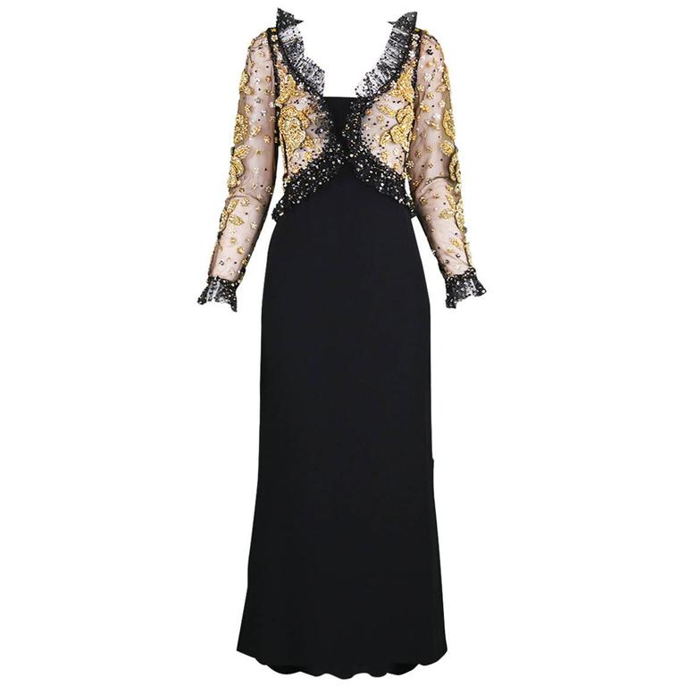 Breathtaking Balestra Beaded Evening Gown in Sheer Nude Silk, c. 1990s For Sale at 1stdibs