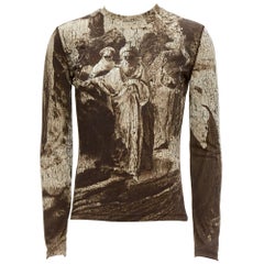 JEAN PAUL GAULTIER Top vintage in tinta marrone con stampa religione in crepe IT48 M