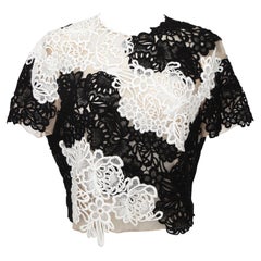 ERDEM Lace Top Blouse Shirt EMIKO APPLIQUE Black White Nude Short Sleeve US 10