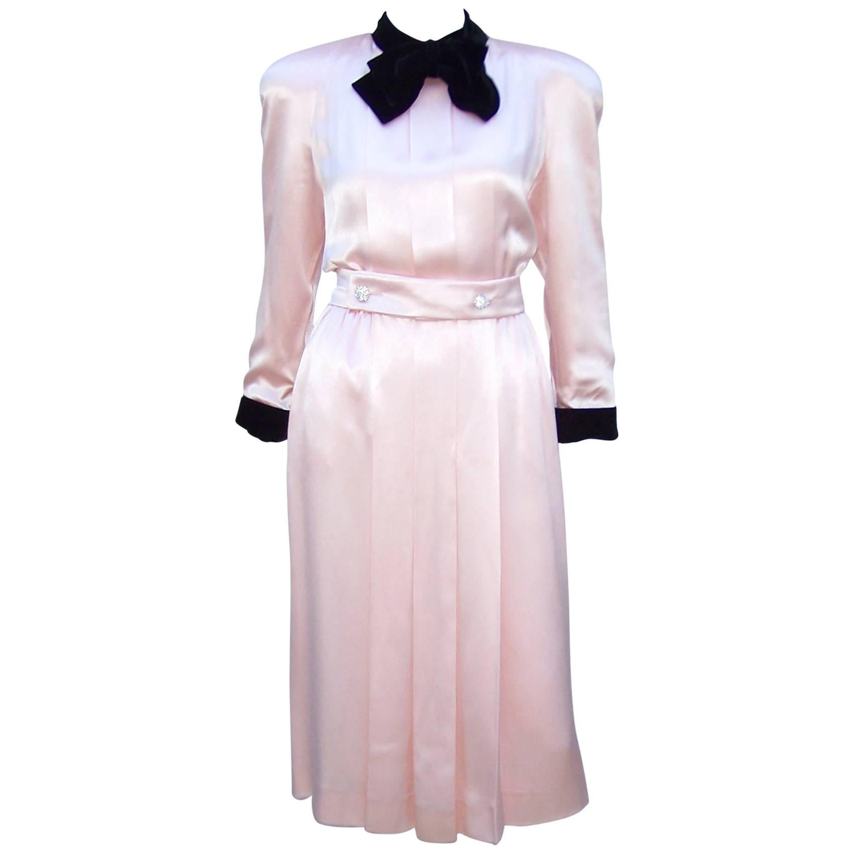 Glam C.1980 Albert Nipon Pink Charmeuse Dress With Black Velvet Details