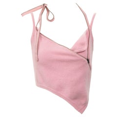 Used John Galliano baby pink fuzzy knitted crop top with zippers, ss 2000