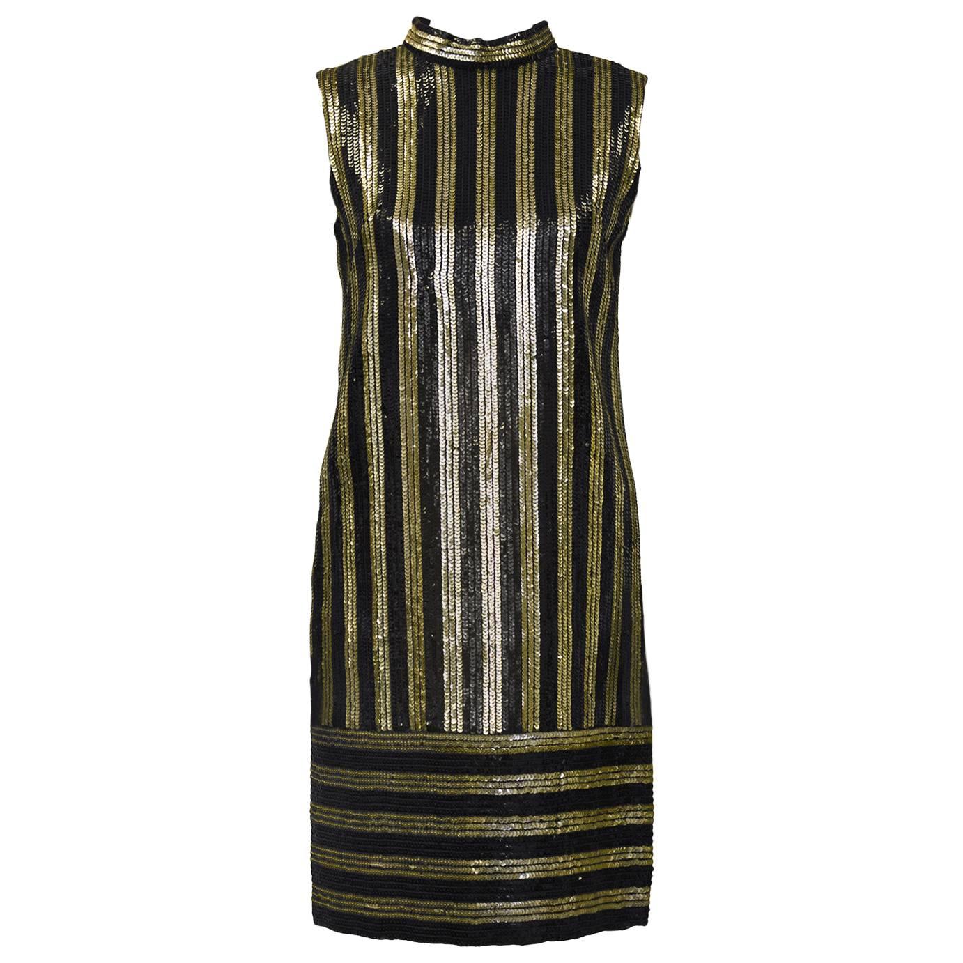 1960's Anonymous Gold and Black Sequin Striped Evening Shift Dress