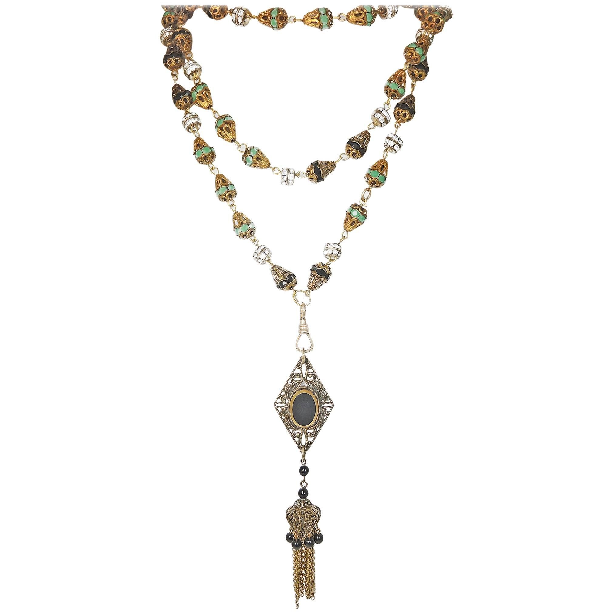 LONG Vintage Art Deco 1930s Green Czech Glass 
Brass Pendant Necklace