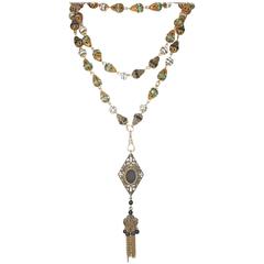 LONG Vintage Art Deco 1930s Green Czech Glass & Brass Pendant Necklace