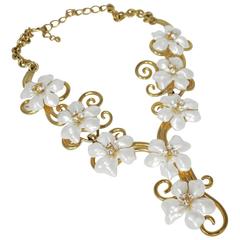 Kenneth Jay Lane Swirling Faux Pearl & Crystals Drop Necklace 