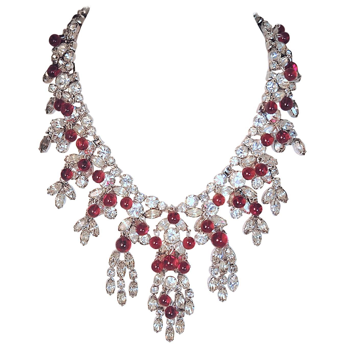 Vintage 1950s Signed Kramer Ruby Cabochon & Crystals Drop Necklace