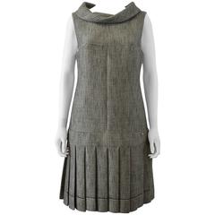 Chanel Silk Lined Grey Tweed Drop Waist Pleated Dress c 2000