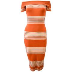 Alaïa Orange and White Stripe Stretch Body Con Knitted Dress