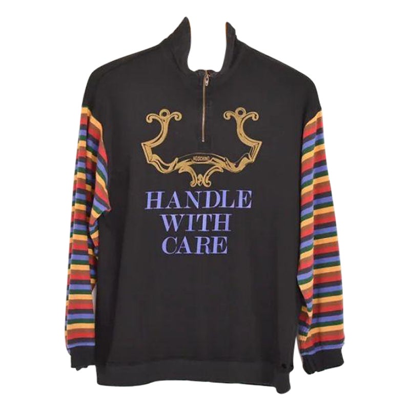 1990's Moschino 'Handle with Care' Quarter Zip Colourful sleeved Sweater For Sale