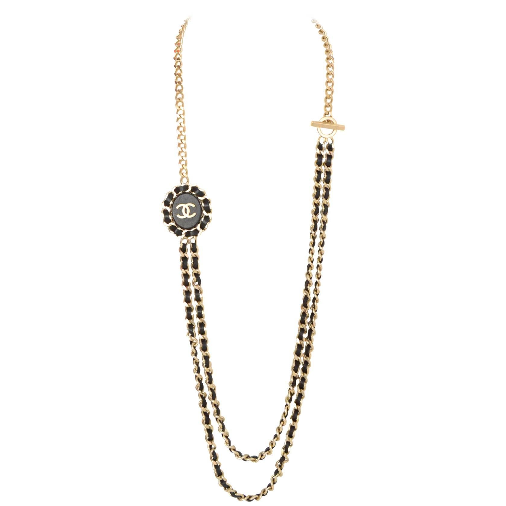 Chanel 2016 Goldtone and Black Leather Chain-Link Necklace