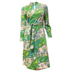 Abito midi psichedelico a maniche lunghe verde, blu e bianco degli anni '60 di "Anika".