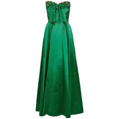 1950's Helga Emerald-Green Beaded Satin Strapless Bombshell Evening Formal Gown 1