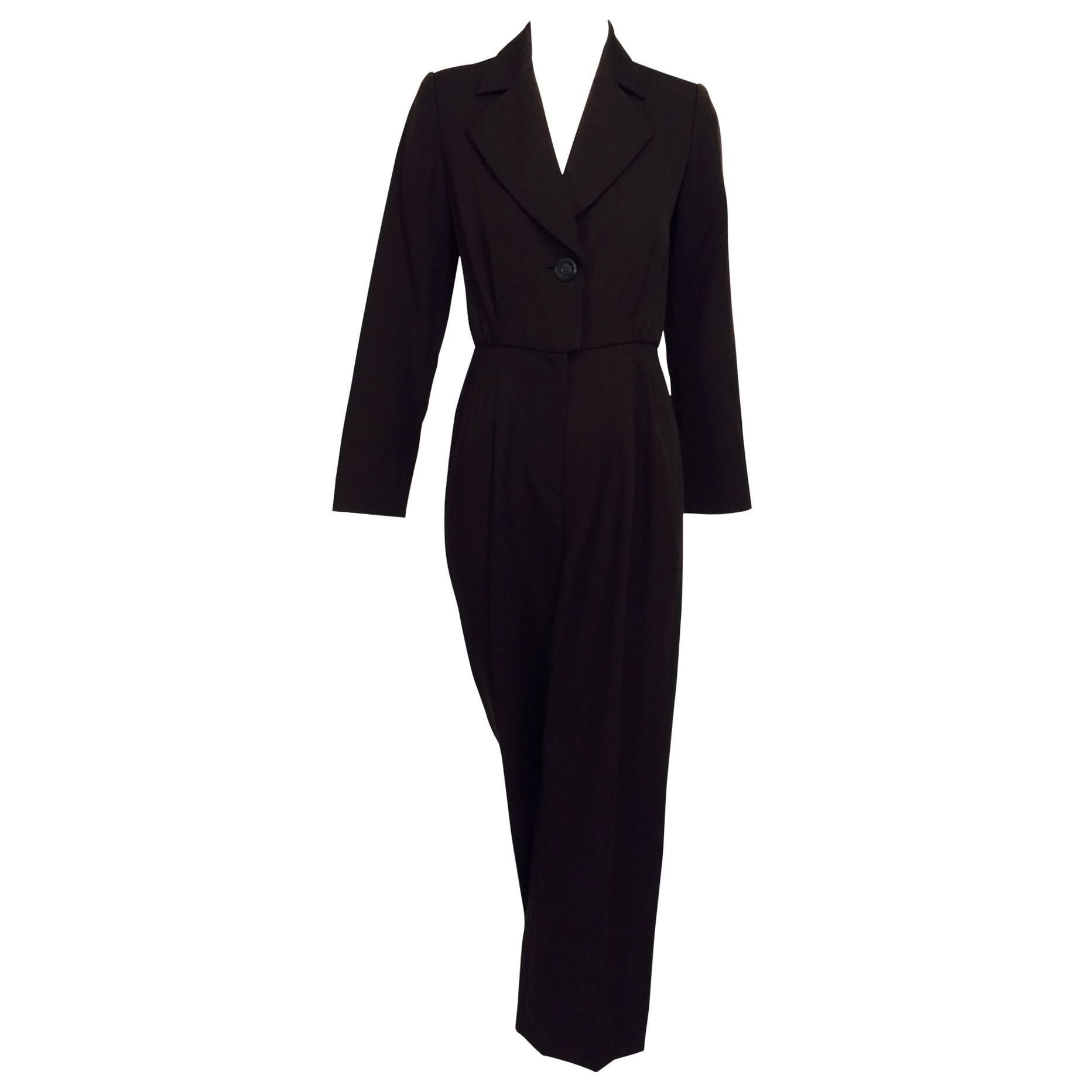 Vintage Yves St Laurent YSL brown wool tuxedo jumpsuit 1970s