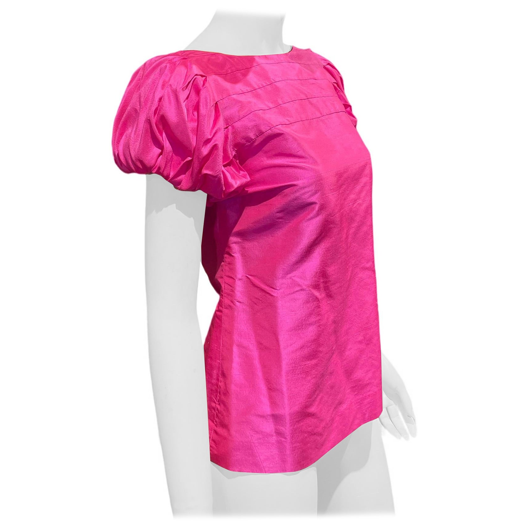 Vintage Silk Fuchsia Pink Short Sleeve Puff Sleeve Blouse by Ralph Lauren  For Sale