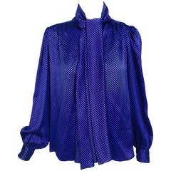 Vintage Yves St Laurent black & blue silk check bow tie blouse 1970s