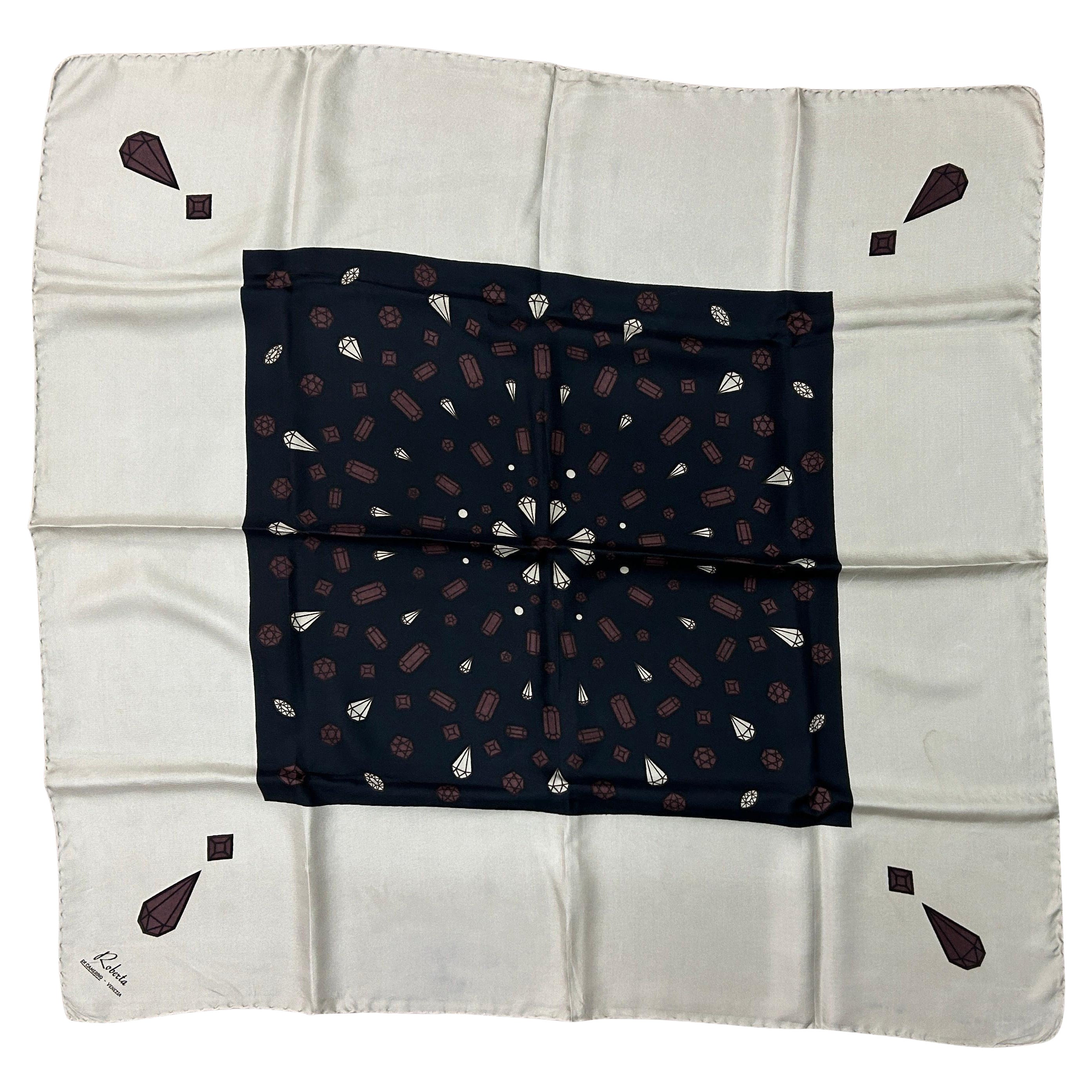 1970s Iconic White Blue and Brown Silk Italian Scarf by Roberta di Camerino For Sale