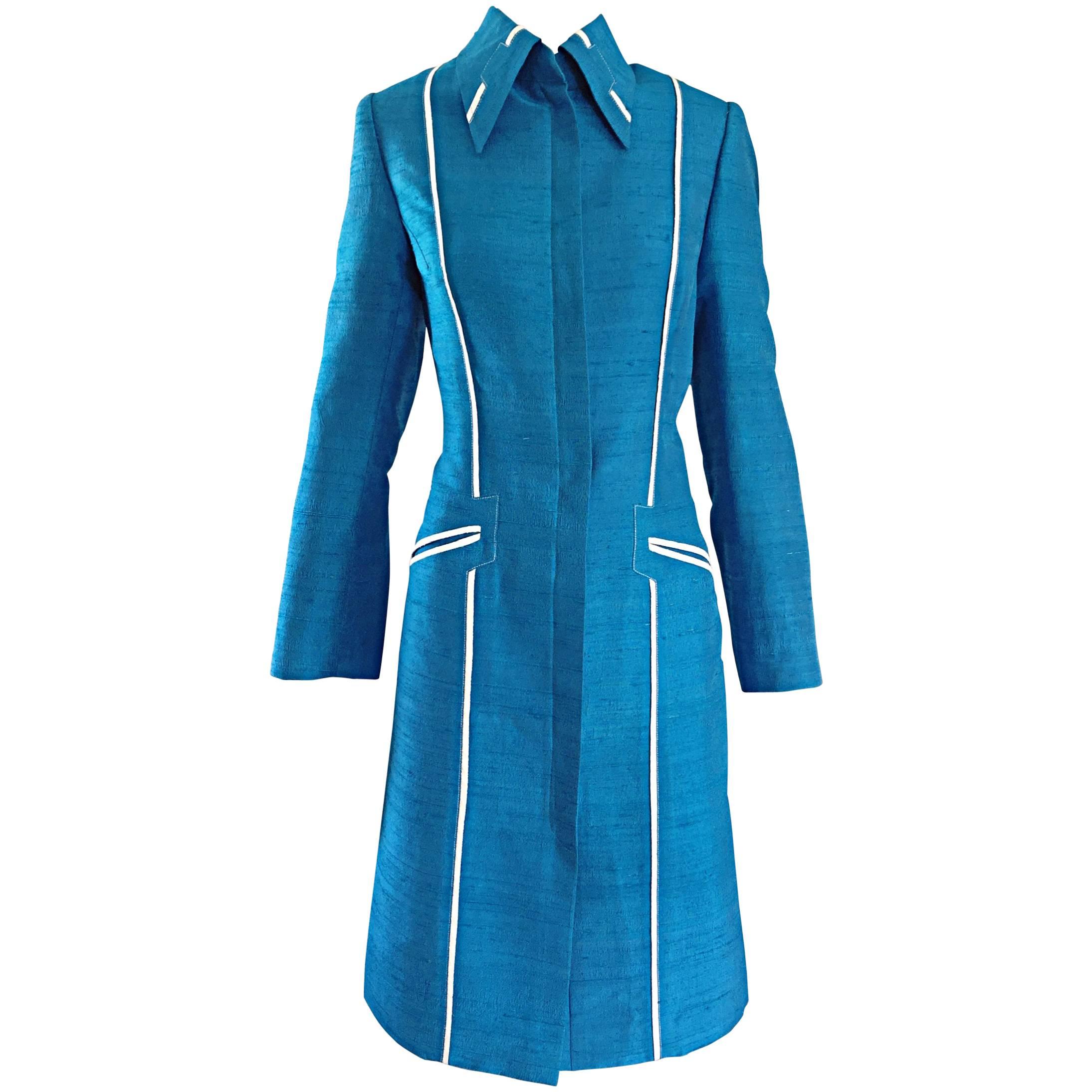 Max Nugas Haute Couture Vintage Cerulean Blue Silk Shantung Jacket Coat, 1970s