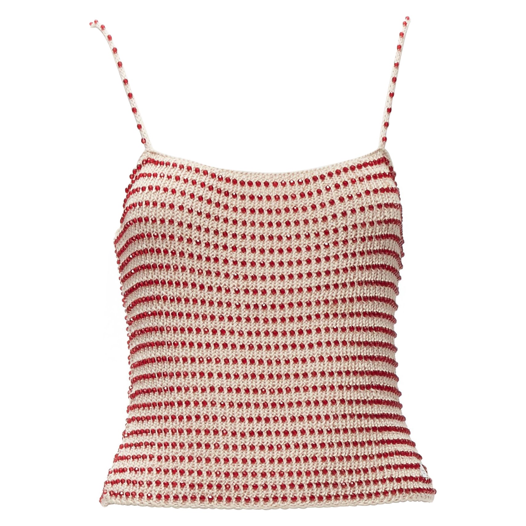 CHANEL 00C ribbed knit cotton red bead embellished CC cami tank FR40 M