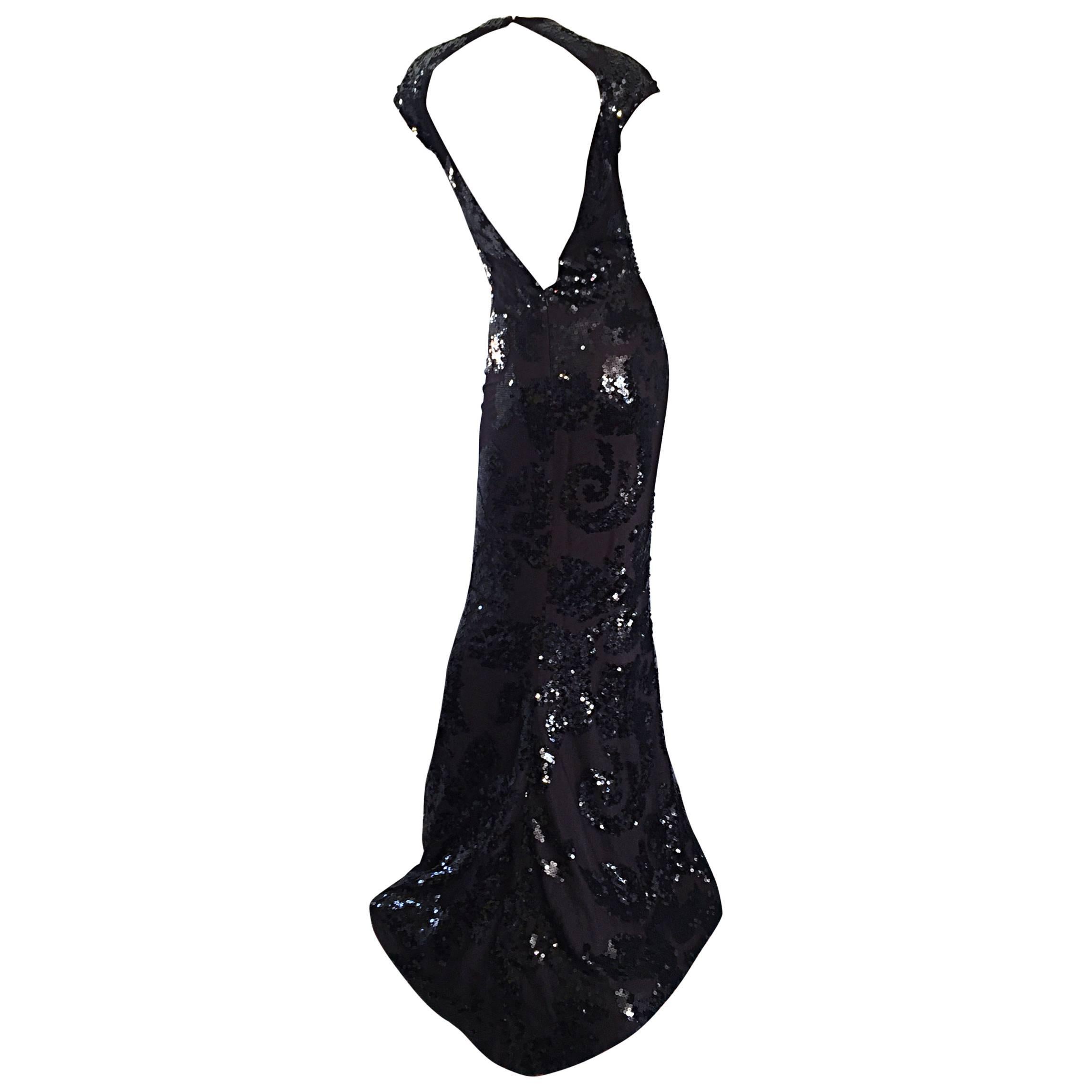 Halston NWT $12k Vintage Size 6 Open Back Black Silk Sequin Gown Dress For Sale