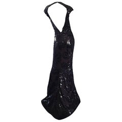 Halston NWT $12k Vintage Size 6 Open Back Black Silk Sequin Gown Dress
