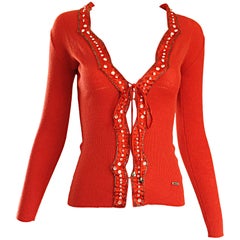 Roberto Cavalli 1990s Burnt Orange Rhinestone + Beaded Retro Knit Cardigan Top