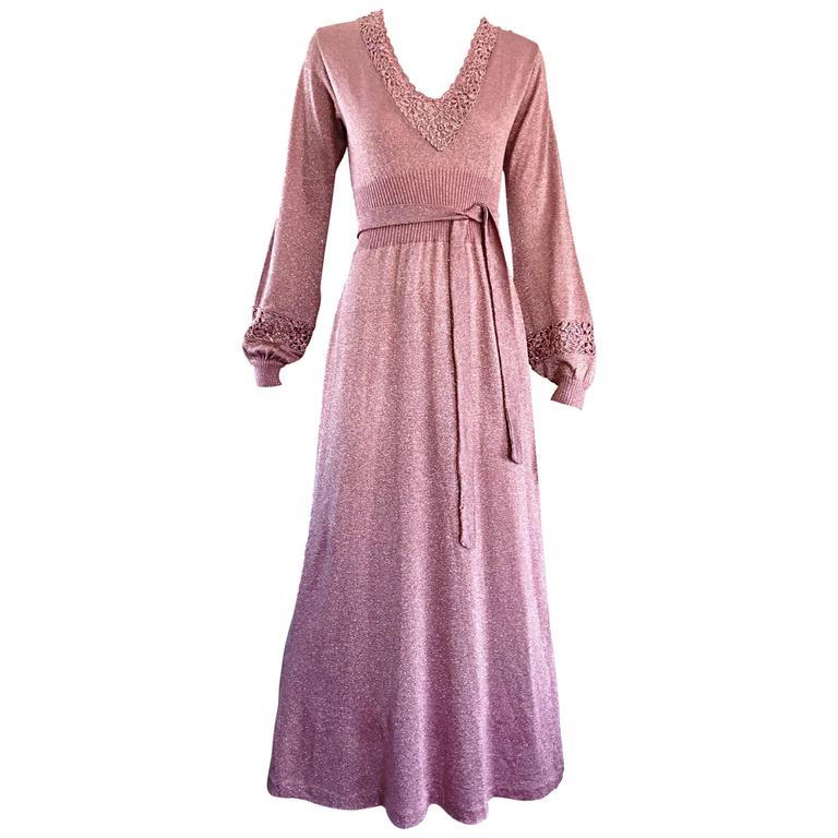 Beautiful 1970s Pink Lurex Jersey Crochet Long Sleeve Belted Vintage