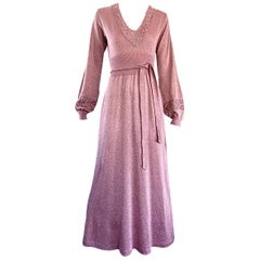 Beautiful 1970s Pink Lurex Jersey Crochet Long Sleeve Belted Vintage Maxi Dress