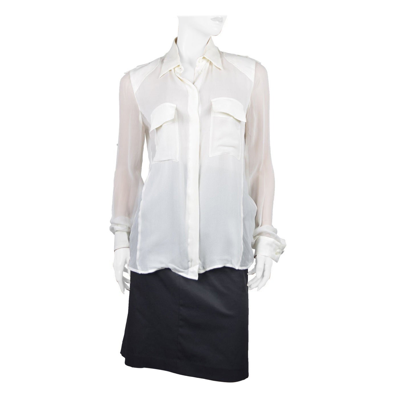 Tom Ford IT 44 White Sheer Sleeve Silk Button Up Blouse For Sale