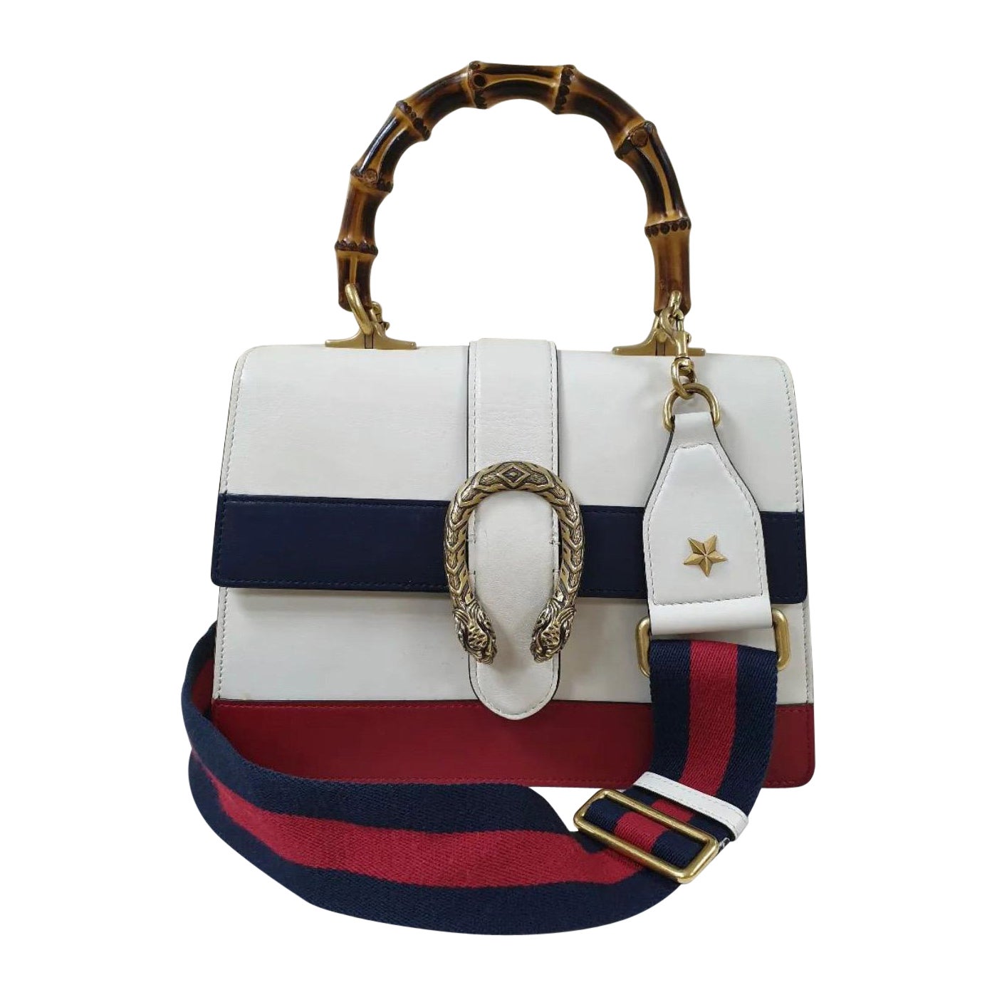 Gucci White, Red and Blue Leather Dionysus Bamboo Top Handle Gold Hardware, White/Red/Blue Womens Handbag