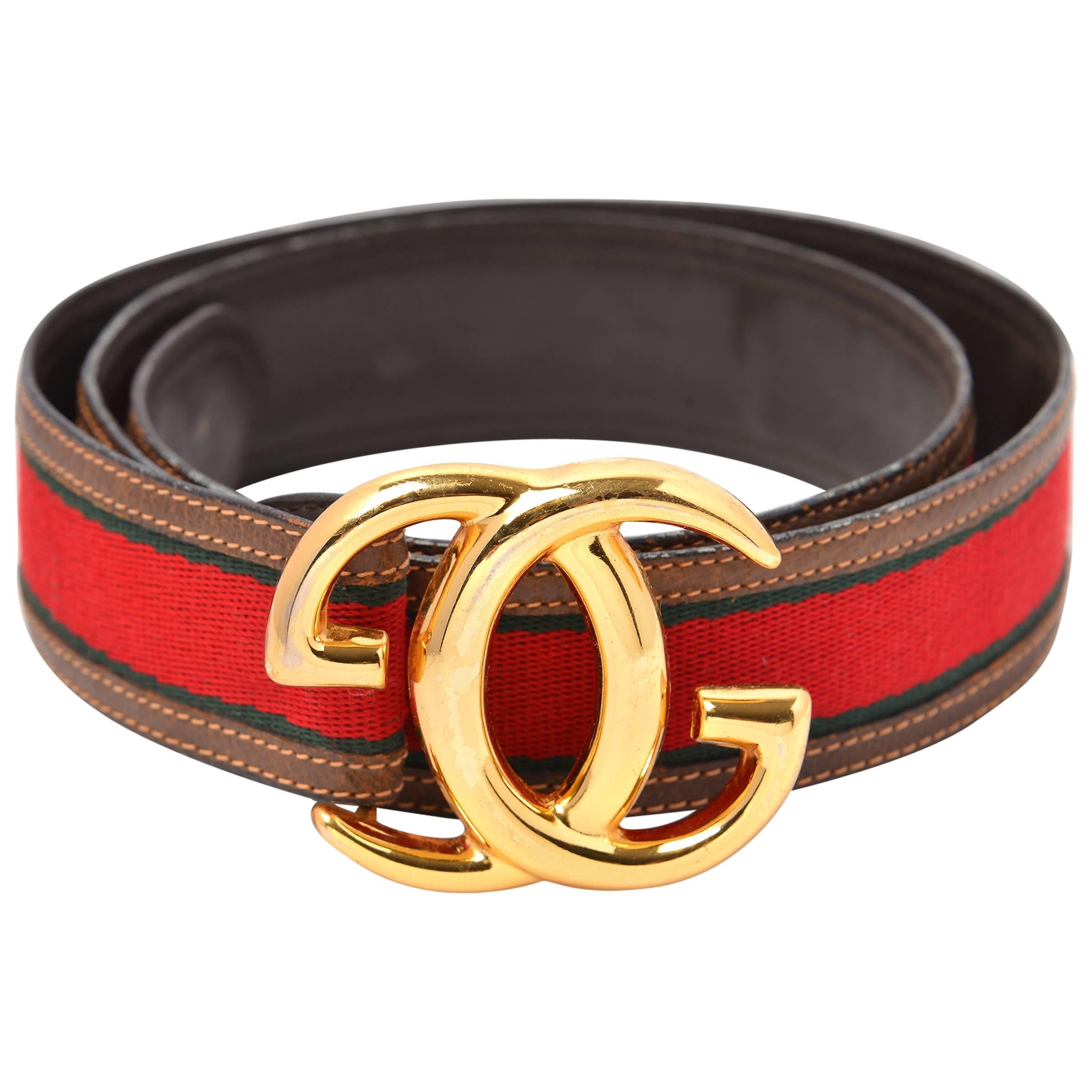 Vintage Gucci Leather and Canvas Belt with Gold-Tone Double G's