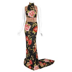 Iconic 2004 Whitney Houston Custom Couture Fully Beaded Floral Silk Trained Gown