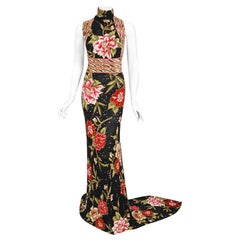 Vintage Iconic 2004 Whitney Houston Custom Couture Fully Beaded Floral Silk Trained Gown