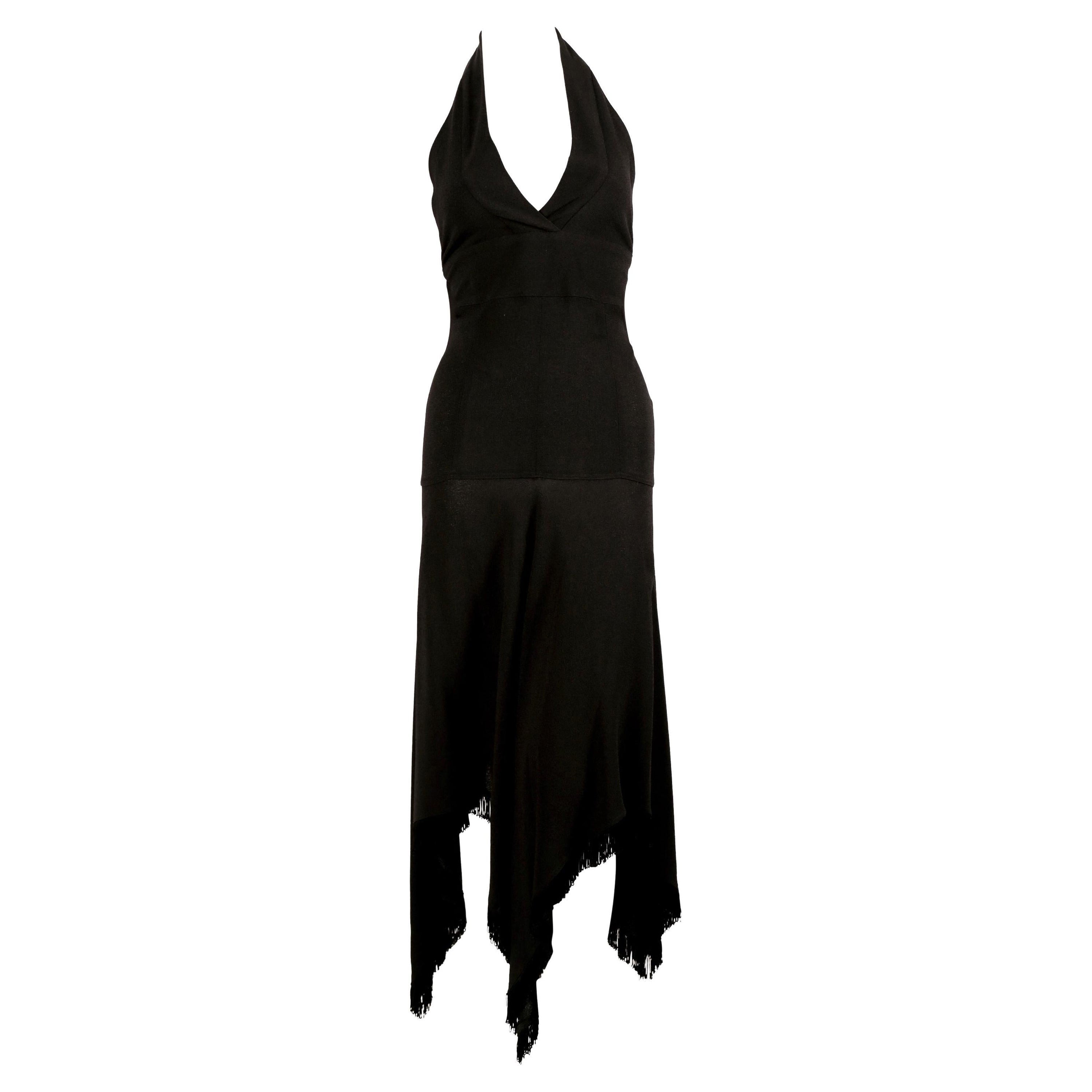 1960's ALICE POLLOCK / QUORUM black moss crepe halter dress with fringe For Sale