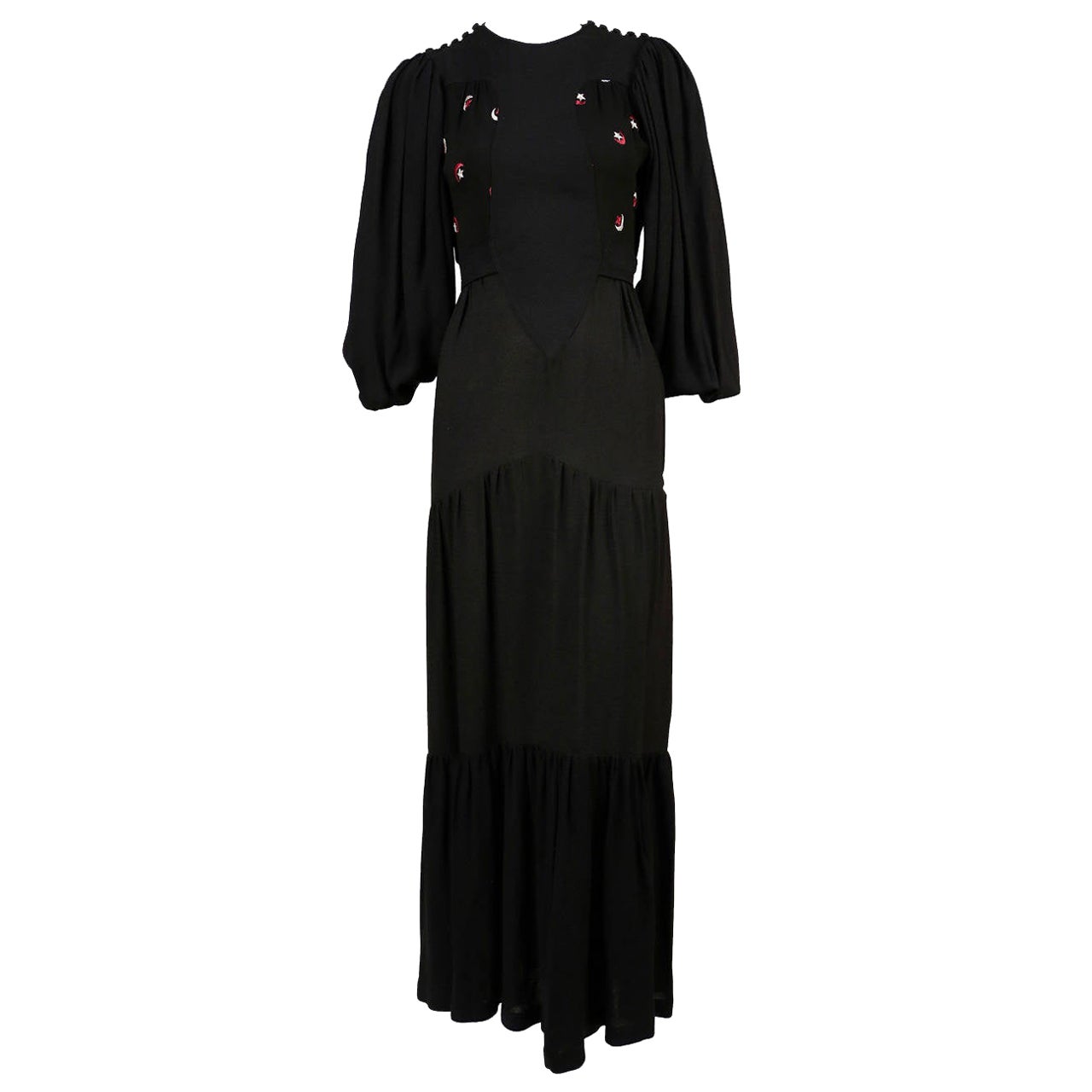 OSSIE CLARK Quorum black moss crepe dress with embroidered moons & stars For Sale