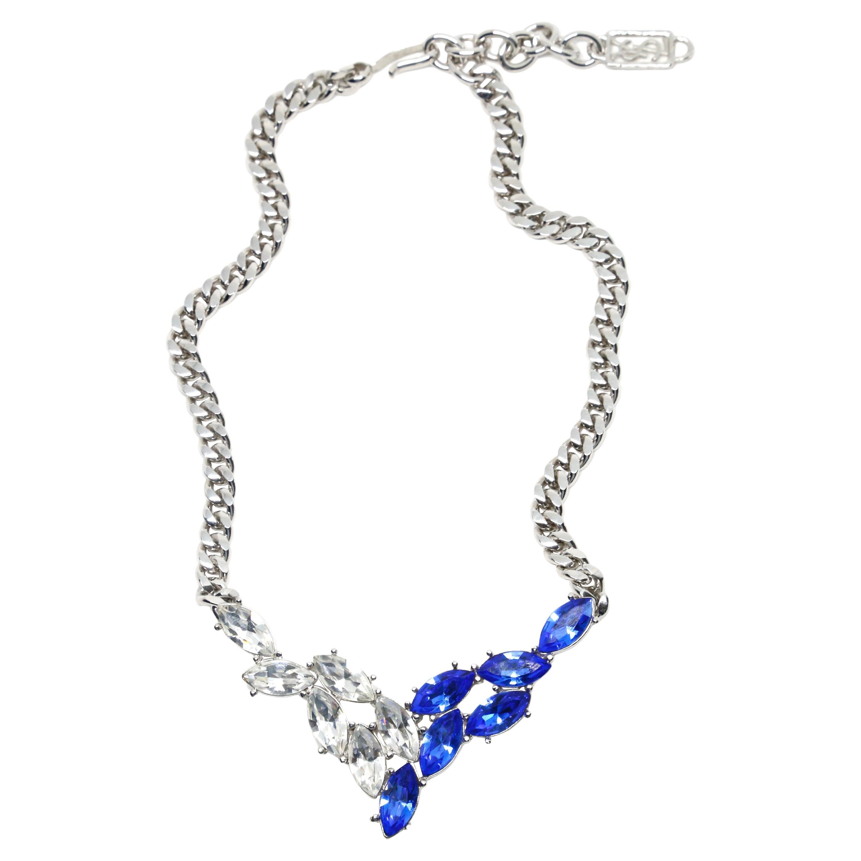 1990's YVES SAINT LAURENT blue and clear faceted crystal necklace  For Sale