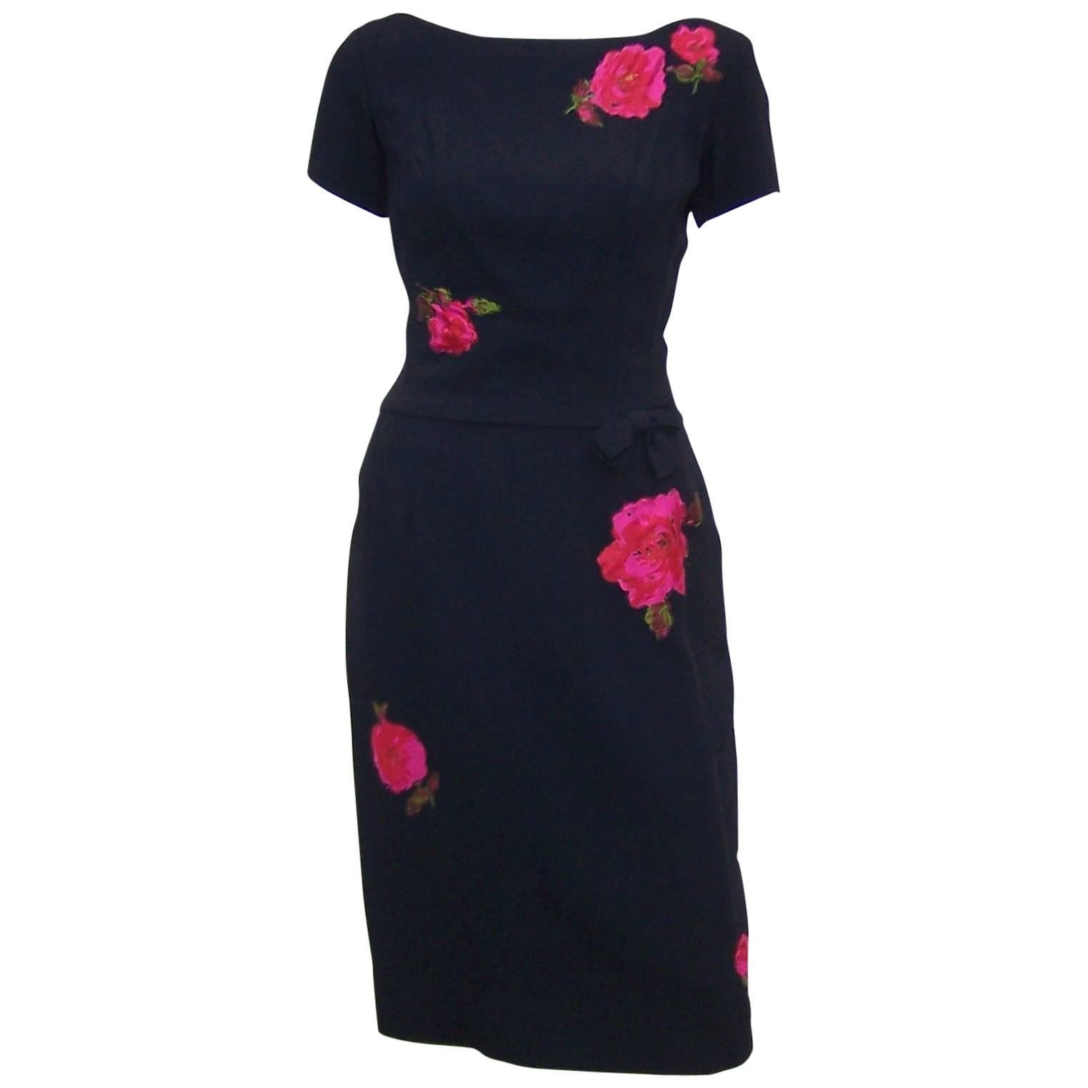 Classic 1950's Black Wiggle Dress With Rose Appliques