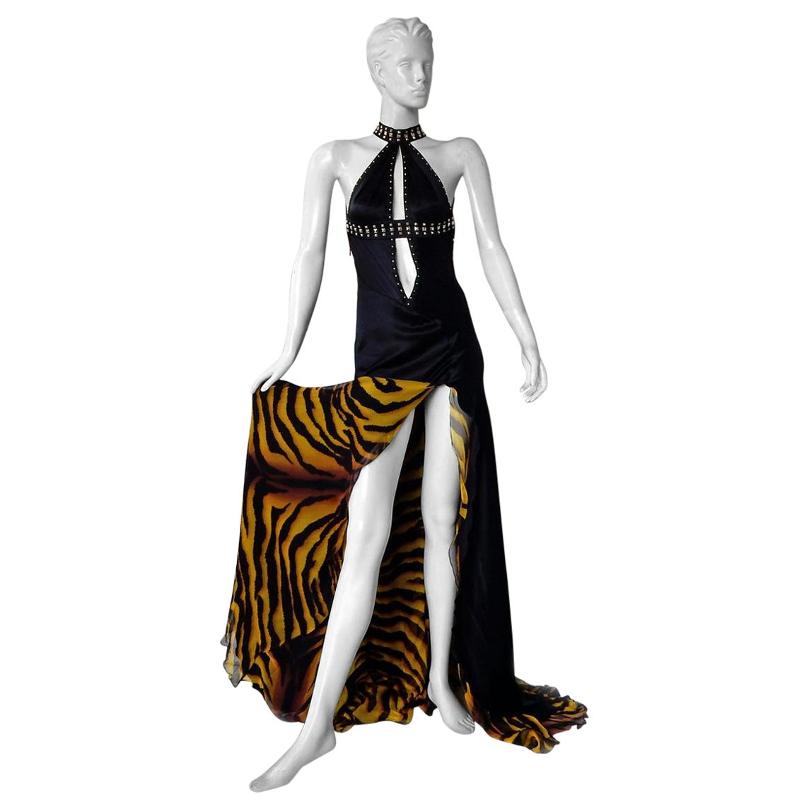 Versace Vintage Runway Bondage Gown Plunging Neckline Thigh High Slit   WOW! For Sale